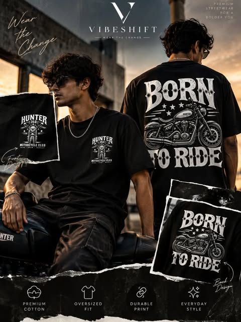 Models in black Born To Ride and Hunter tees