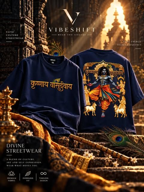 Navy Krishna Vasudevaya divine streetwear tees